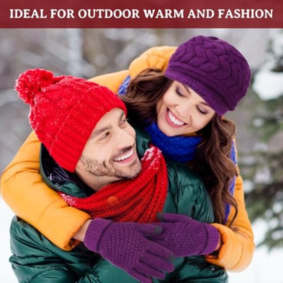 Winter Hat & Gloves Set - Knitted Touchscreen Mittens & Beanie